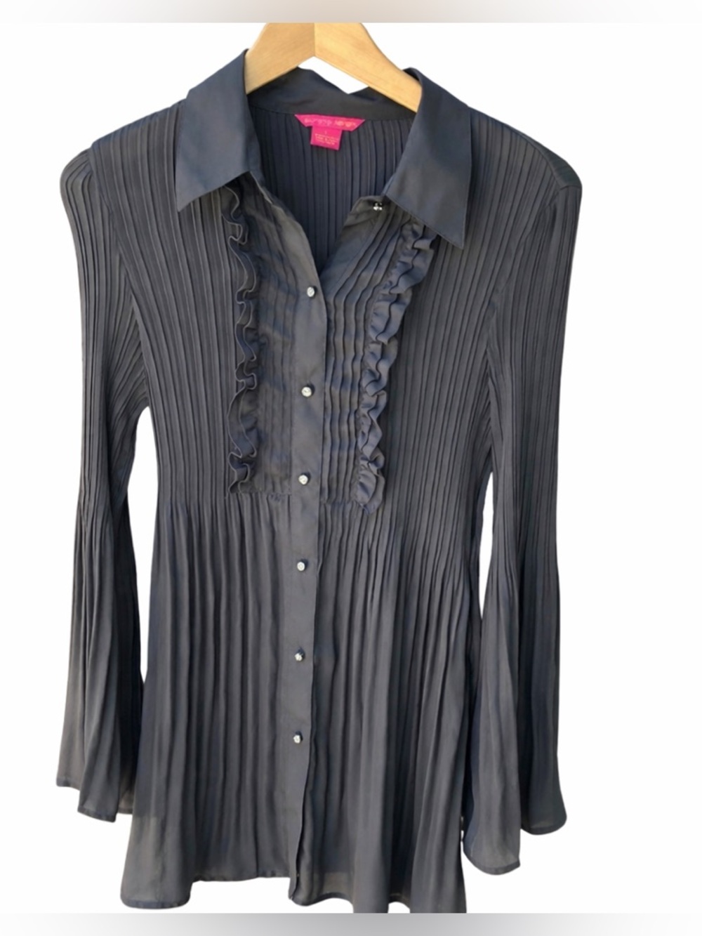 Sunny Leigh Semi Sheer Black Accordion Pleat Ruffle Blouse